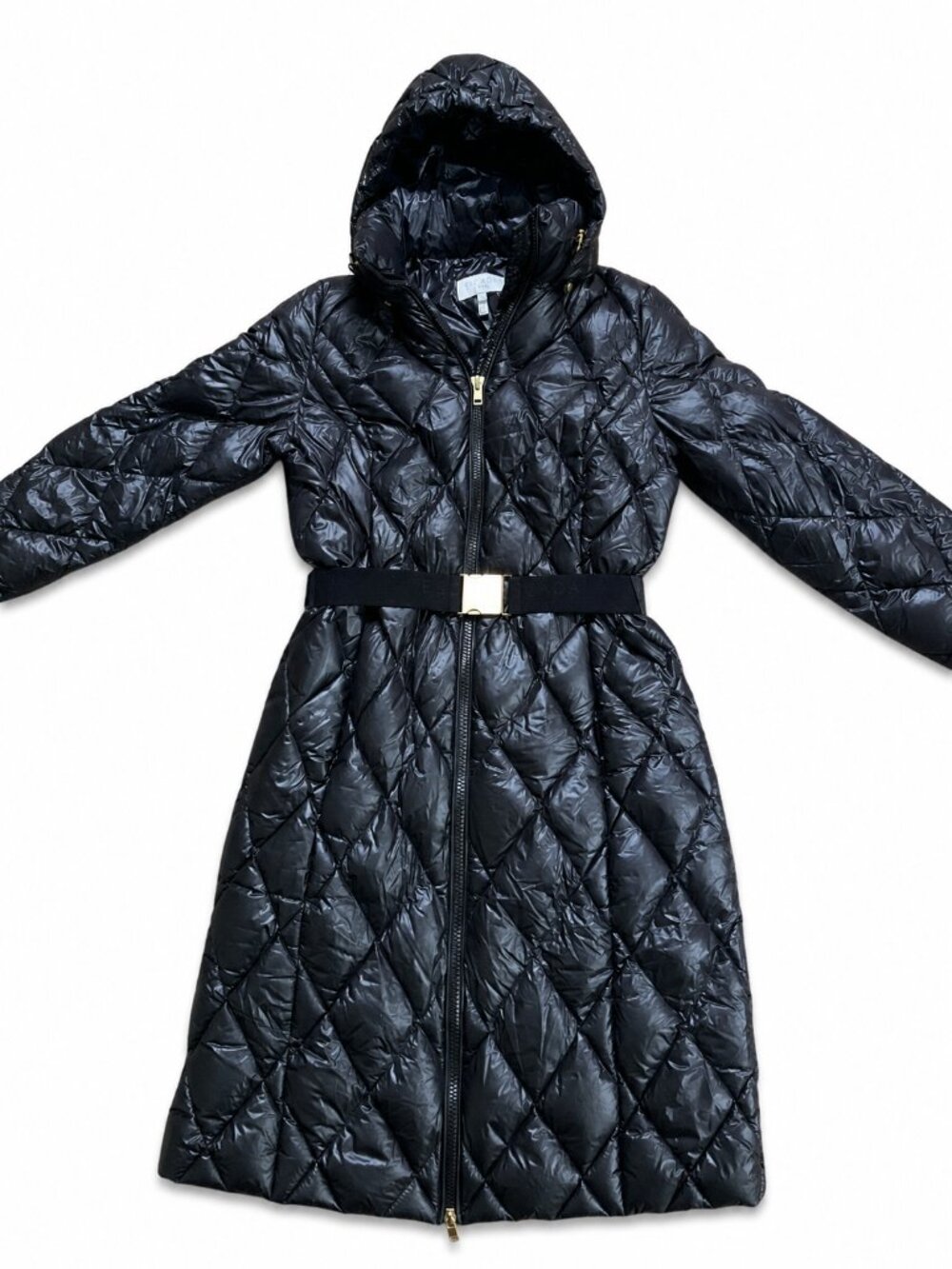 ESCADA Black Quilted Hooded Down Coat Size 36 Belted Puffer